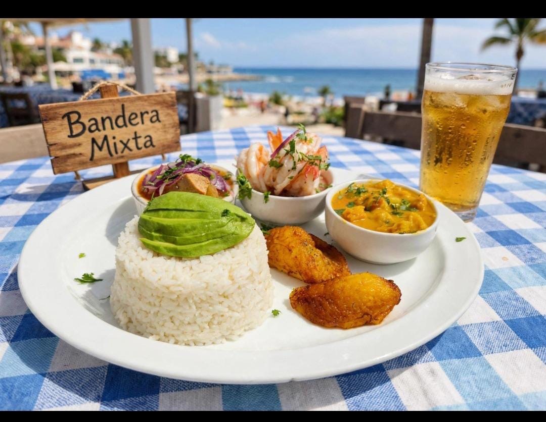 Bandera Mixta con arroz, aguacate, maduros y mariscos