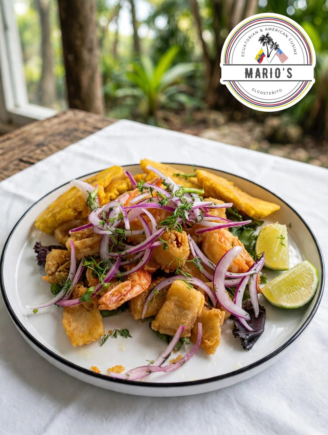 Mariscos crujientes con cebolla morada y limón